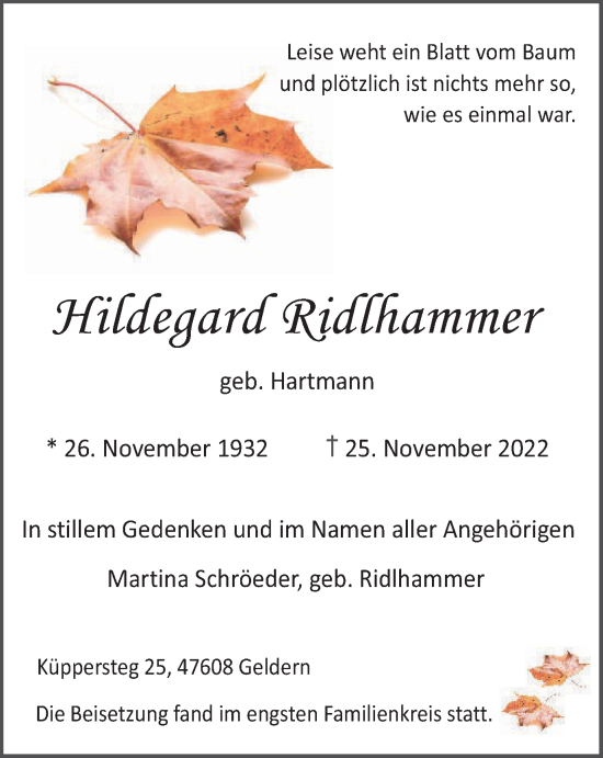 Traueranzeige von Hildegard Ridlhammer von WVW Anzeigenblätter