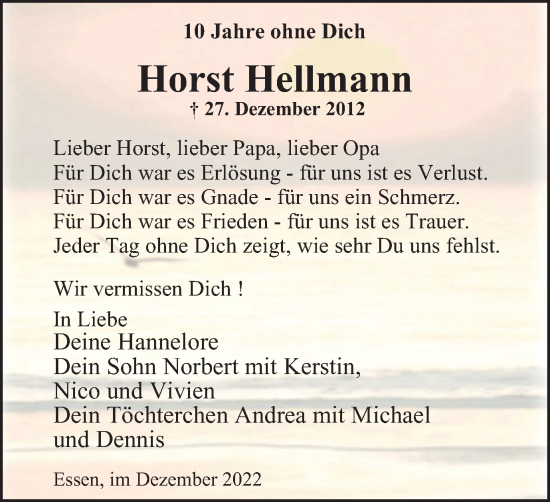 Traueranzeige von Horst Hellmann von Tageszeitung