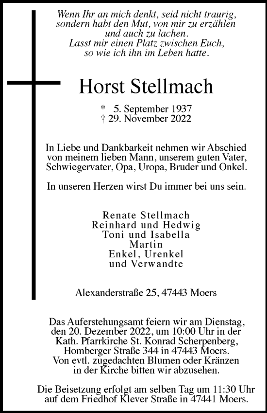 Traueranzeige von Horst Stellmach von Tageszeitung