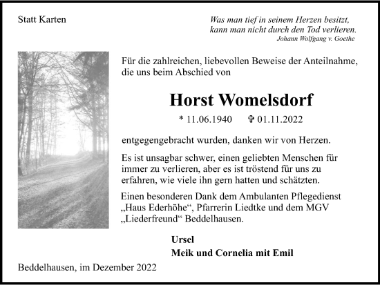 Traueranzeige von Horst Womelsdorf von Tageszeitung
