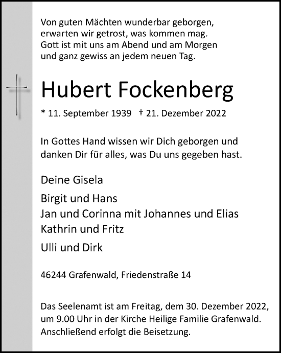 Traueranzeige von Hubert Fockenberg von Tageszeitung