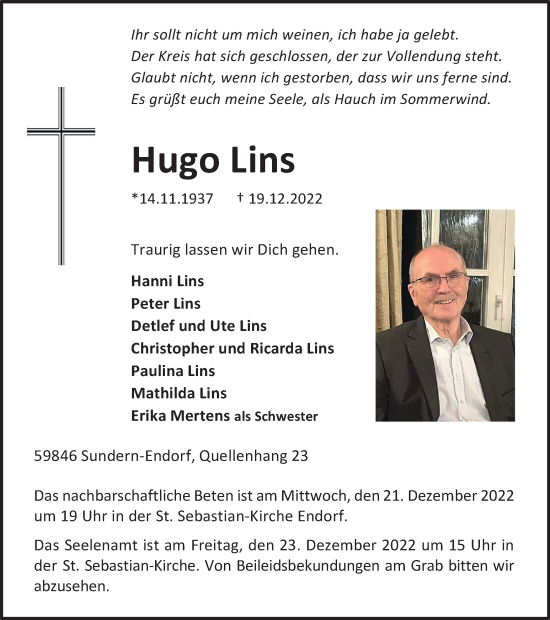 Traueranzeige von Hugo Lins von Tageszeitung