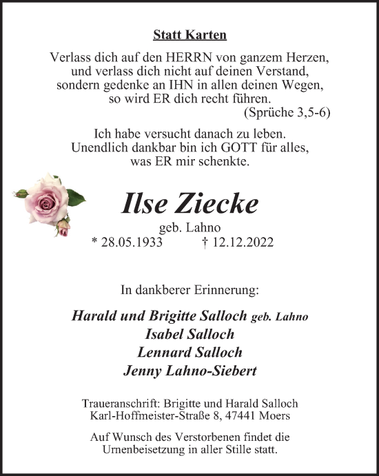 Traueranzeige von Ilse Ziecke von Tageszeitung