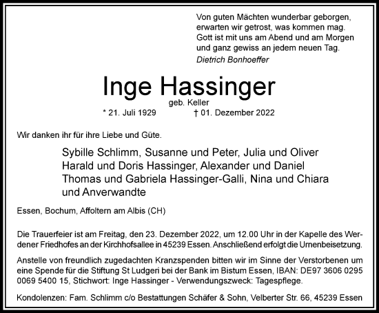 Traueranzeige von Inge Hassinger von WVW Anzeigenblätter