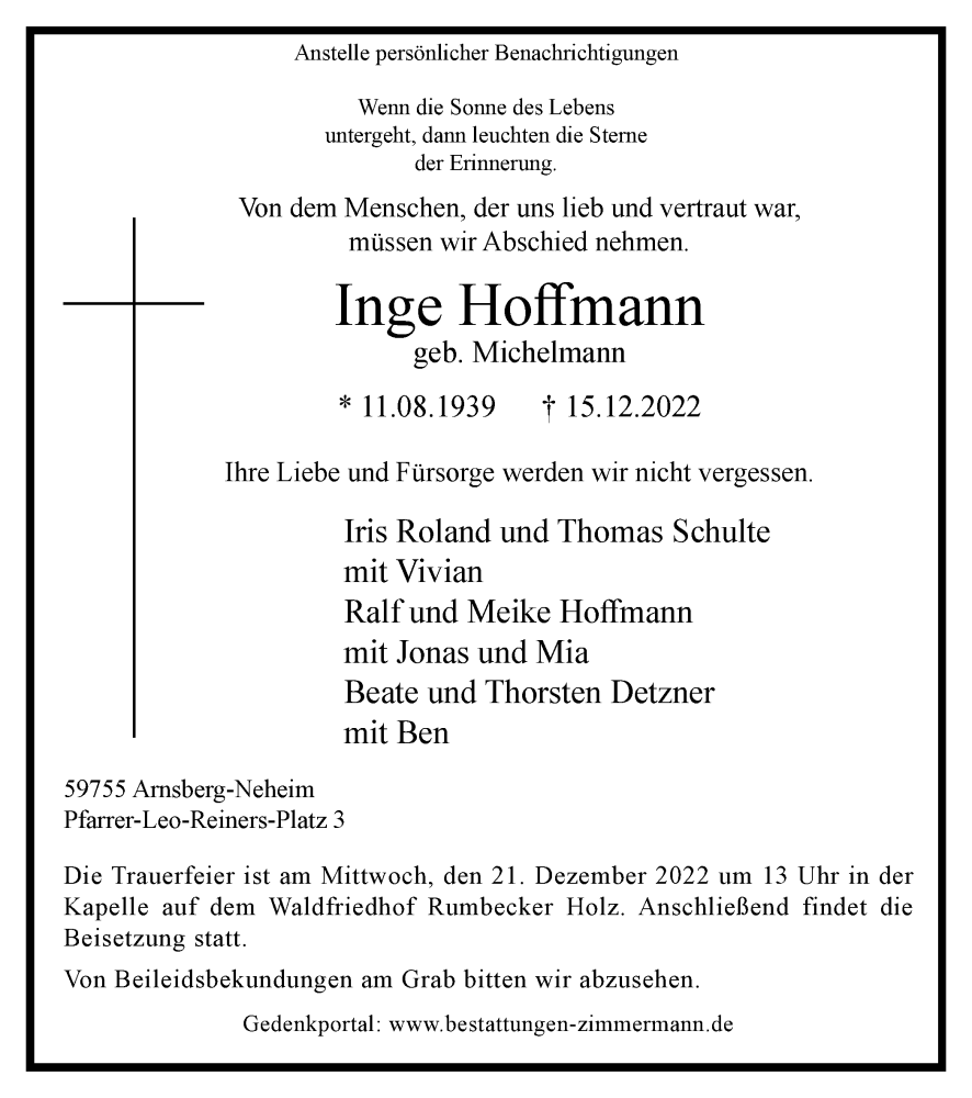  Traueranzeige für Inge Hoffmann vom 17.12.2022 aus Tageszeitung
