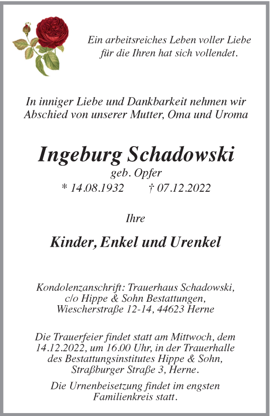 Traueranzeige von Ingeburg Schadowski von Tageszeitung