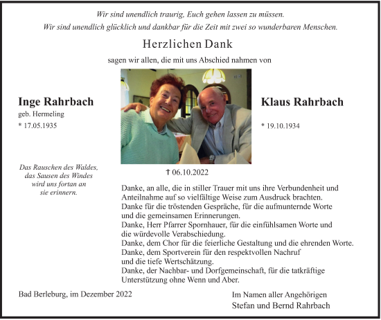 Traueranzeige von Inge und Klaus Rahrbach von Tageszeitung