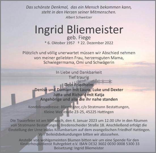 Traueranzeige von Ingrid Bliemeister von WVW Anzeigenblätter