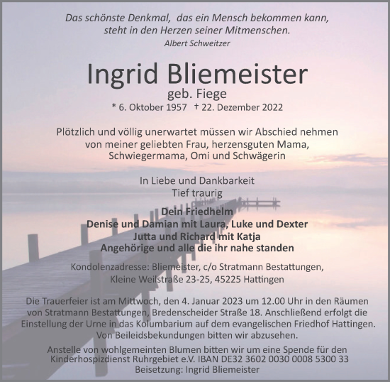 Traueranzeige von Ingrid Bliemeister von Tageszeitung