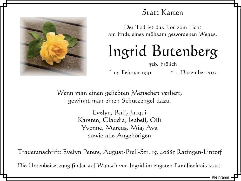  Traueranzeige für Ingrid Butenberg vom 10.12.2022 aus WVW Anzeigenblätter