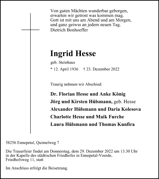Traueranzeige von Ingrid Hesse von Tageszeitung