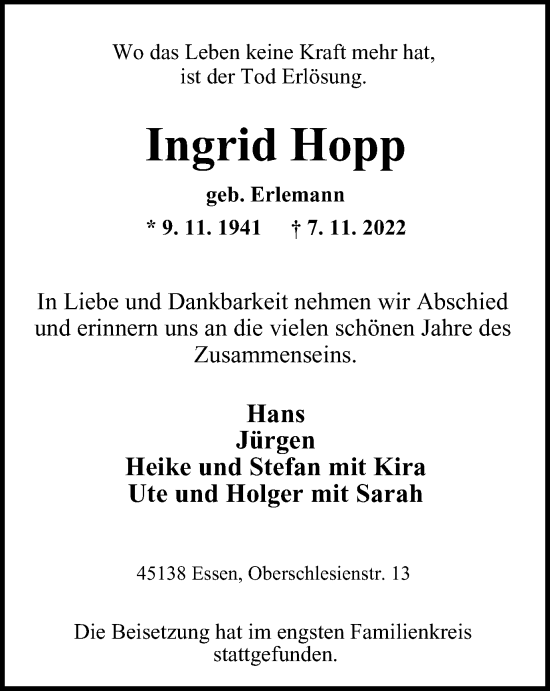 Traueranzeige von Ingrid Hopp von Tageszeitung