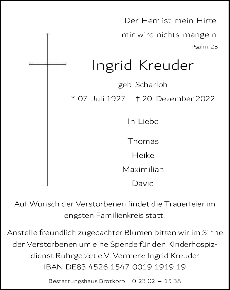  Traueranzeige für Ingrid Kreuder vom 31.12.2022 aus Tageszeitung