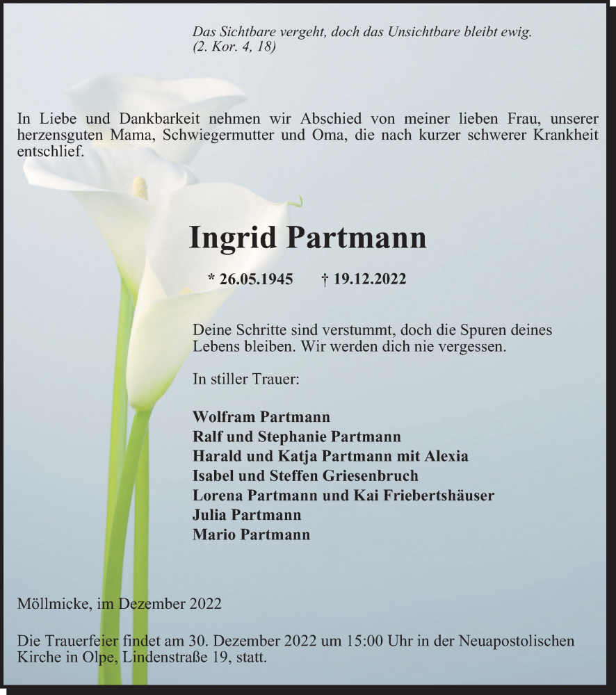  Traueranzeige für Ingrid Partmann vom 23.12.2022 aus Tageszeitung
