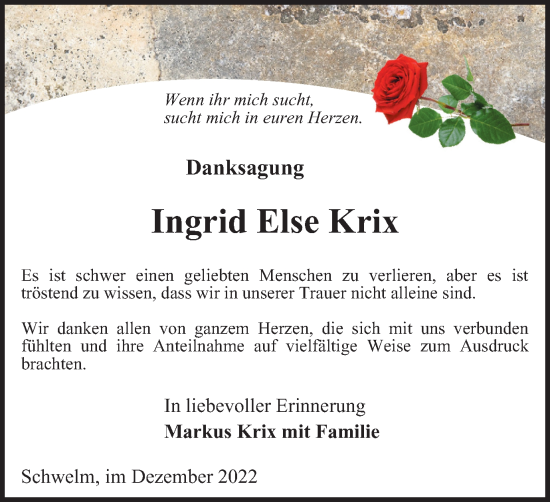 Traueranzeige von Ingrid Else Krix von Tageszeitung