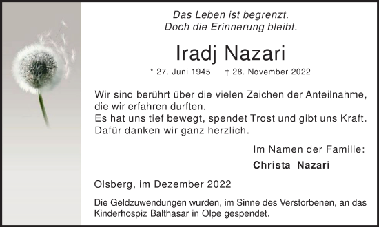 Traueranzeige von Iradj Nazari von Tageszeitung