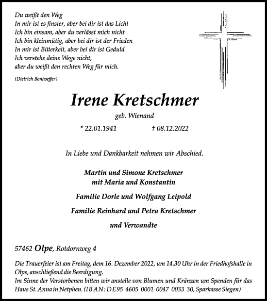 Traueranzeige von Irene Kretschmer von Tageszeitung