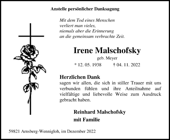 Traueranzeige von Irene Malschofsky von Tageszeitung