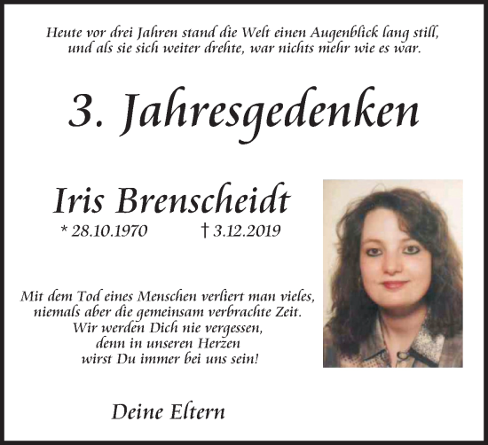 Traueranzeige von Iris Brenscheidt von Tageszeitung