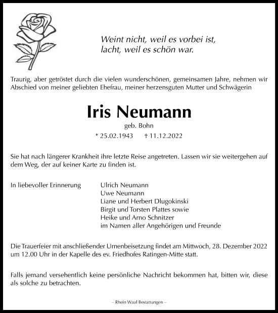 Traueranzeige von Iris Neumann von WVW Anzeigenblätter