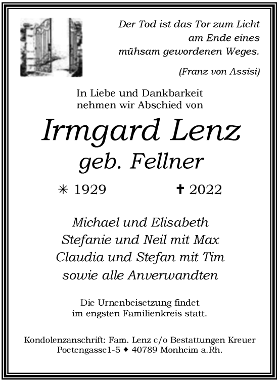 Traueranzeige von Irmgard Lenz von WVW Anzeigenblätter