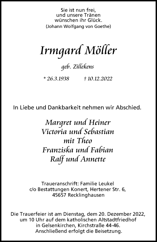 Traueranzeige von Irmgard Möller von Tageszeitung
