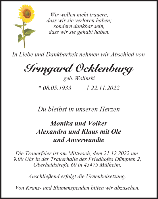 Traueranzeige von Irmgard Ocklenburg von WVW Anzeigenblätter