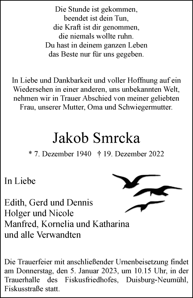  Traueranzeige für Jakob Smrcka vom 31.12.2022 aus Tageszeitung