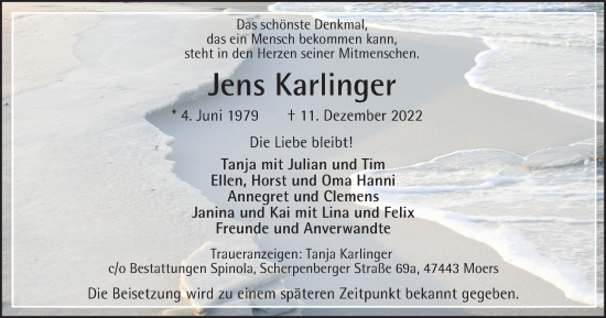 Traueranzeige von Jens Karlinger von Tageszeitung