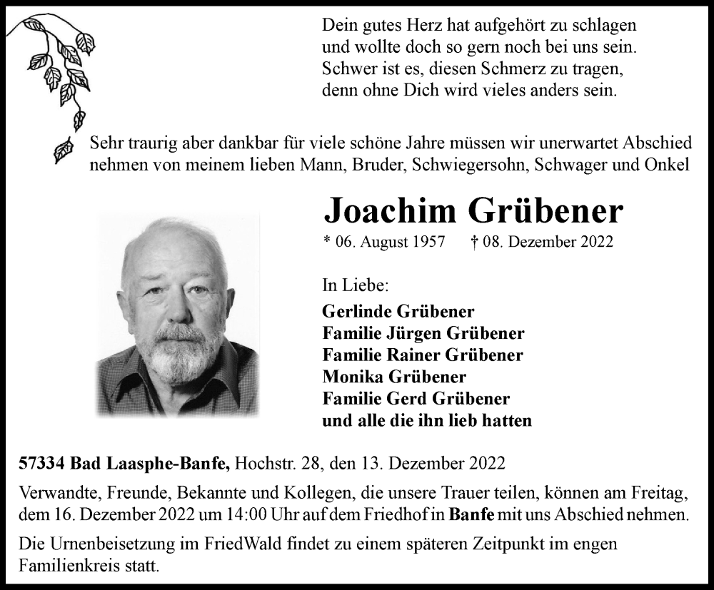  Traueranzeige für Joachim Grübener vom 13.12.2022 aus Tageszeitung