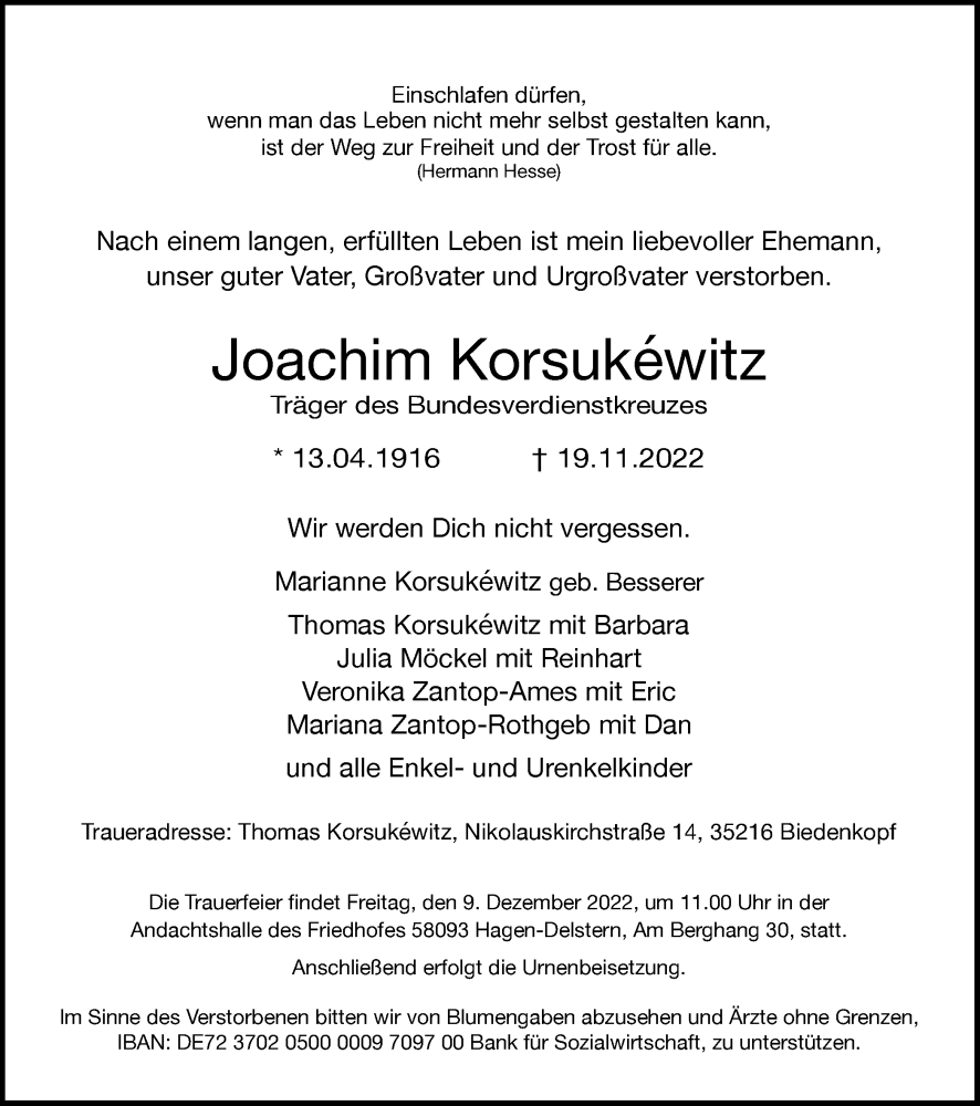 Traueranzeige für Joachim Korsukéwitz vom 03.12.2022 aus Tageszeitung