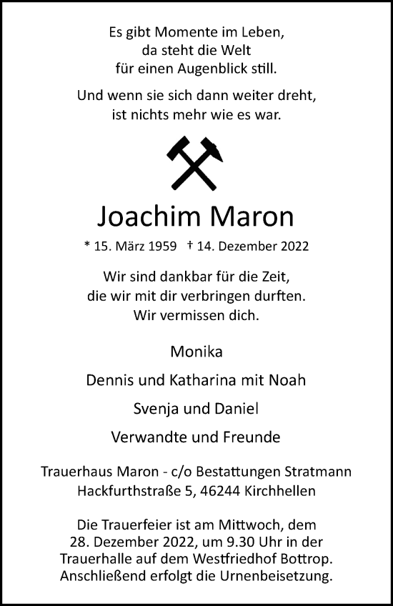 Traueranzeige von Joachim Maron von WVW Anzeigenblätter