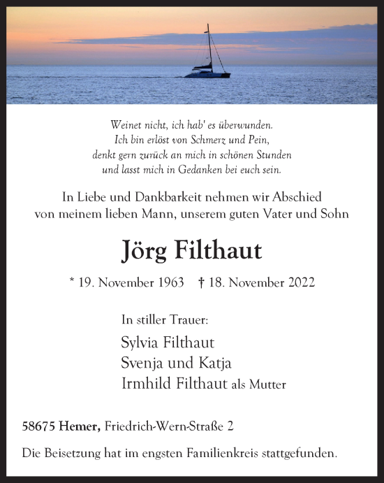 Traueranzeige von Jörg Filthaut von WVW Anzeigenblätter