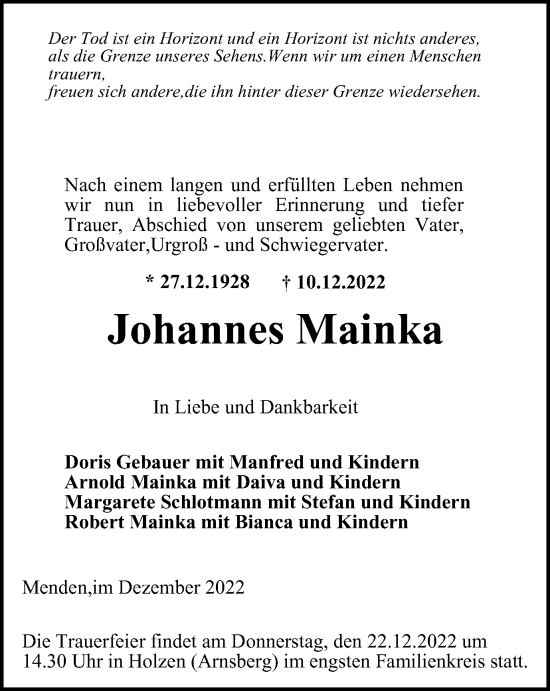 Traueranzeige von Johannes Mainka von WVW Anzeigenblätter