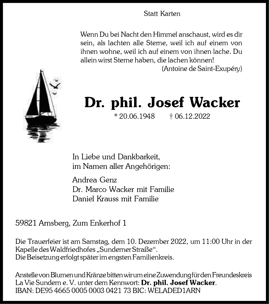  Traueranzeige für Josef Wacker vom 08.12.2022 aus Tageszeitung