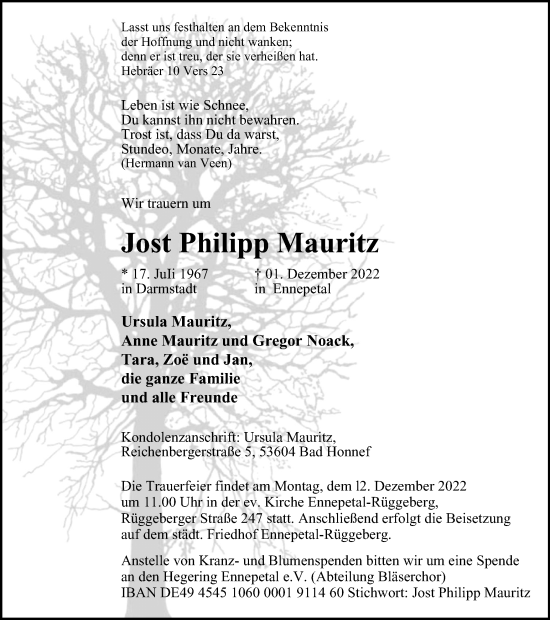 Traueranzeige von Jost Philipp Mauritz von Tageszeitung