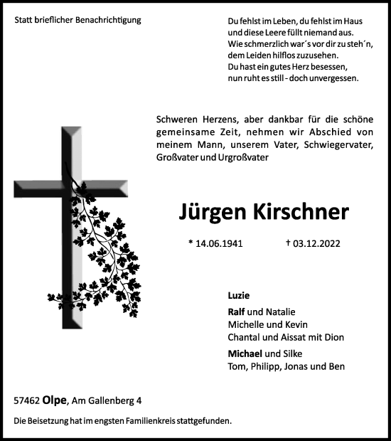 Traueranzeige von Jürgen Kirschner von Tageszeitung
