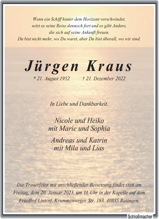 Traueranzeige von Jürgen Kraus von WVW Anzeigenblätter