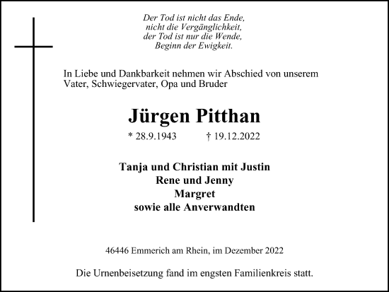Traueranzeige von Jürgen Pitthan von WVW Anzeigenblätter