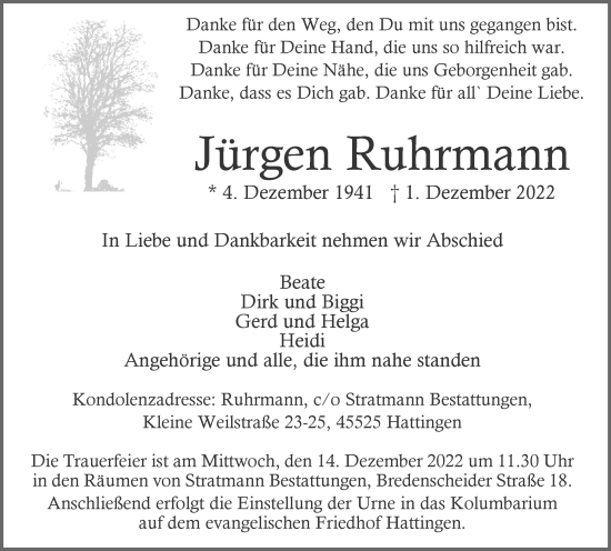 Traueranzeige von Jürgen Ruhrmann von WVW Anzeigenblätter