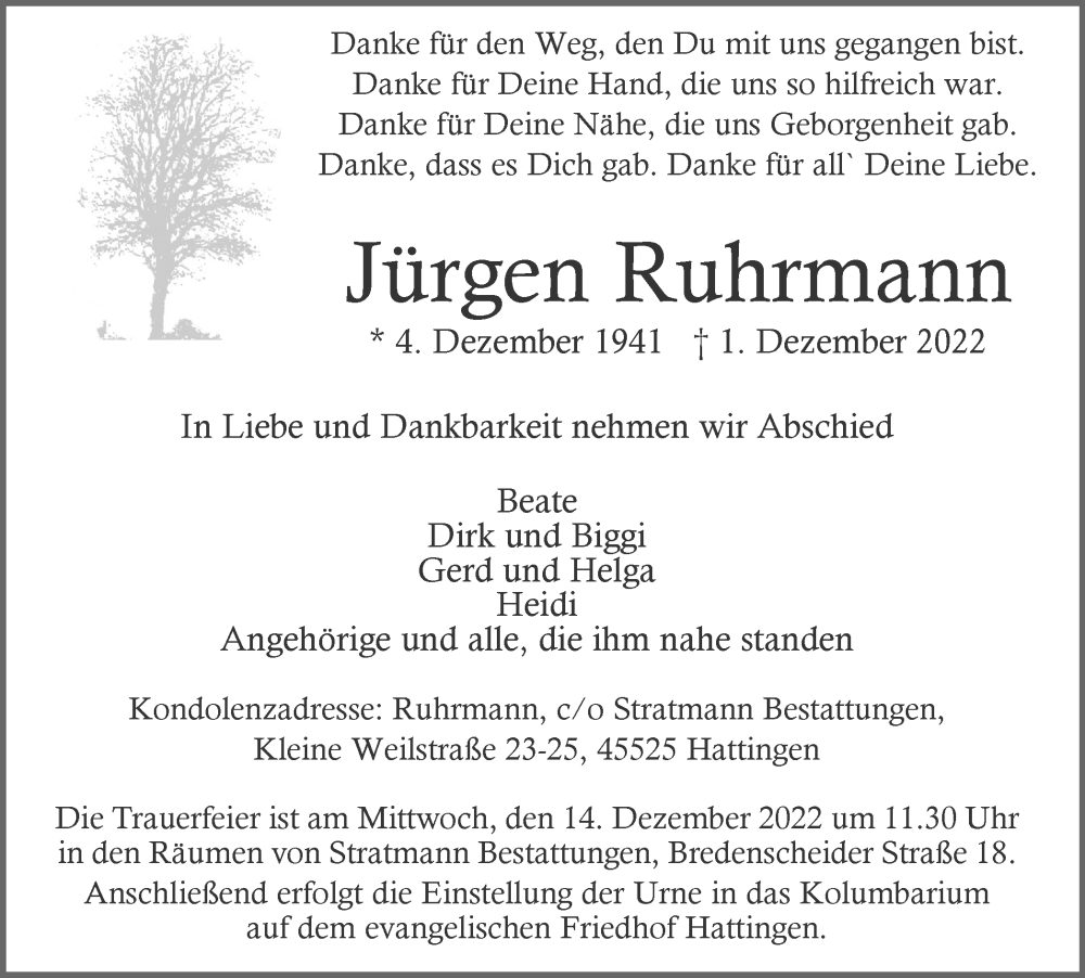 Traueranzeigen Von Jürgen Ruhrmann | Trauer-in-NRW.de