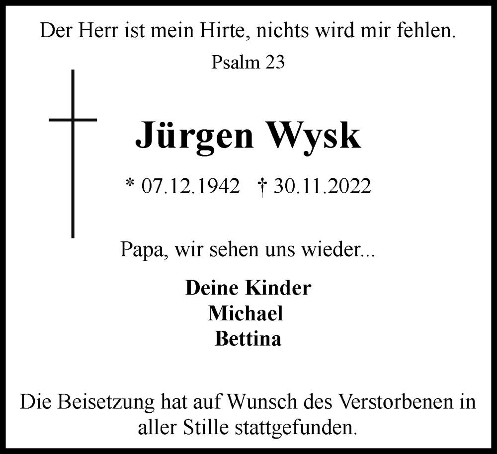  Traueranzeige für Jürgen Wysk vom 07.12.2022 aus Tageszeitung