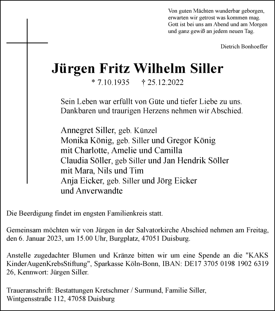  Traueranzeige für Jürgen Fritz Wilhelm Siller vom 28.12.2022 aus Tageszeitung