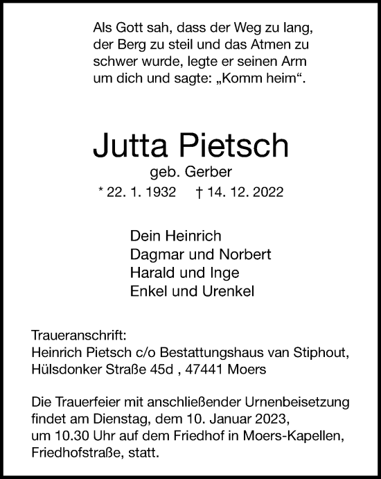 Traueranzeige von Jutta Pietsch von Tageszeitung