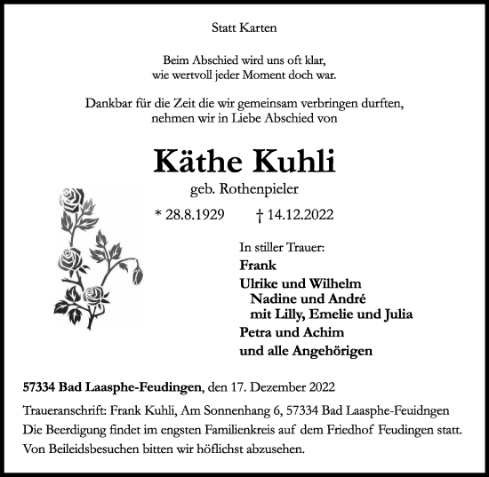 Traueranzeige von Käthe Kuhli von Tageszeitung