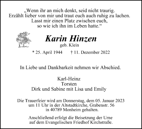 Traueranzeige von Karin Hinzen von WVW Anzeigenblätter