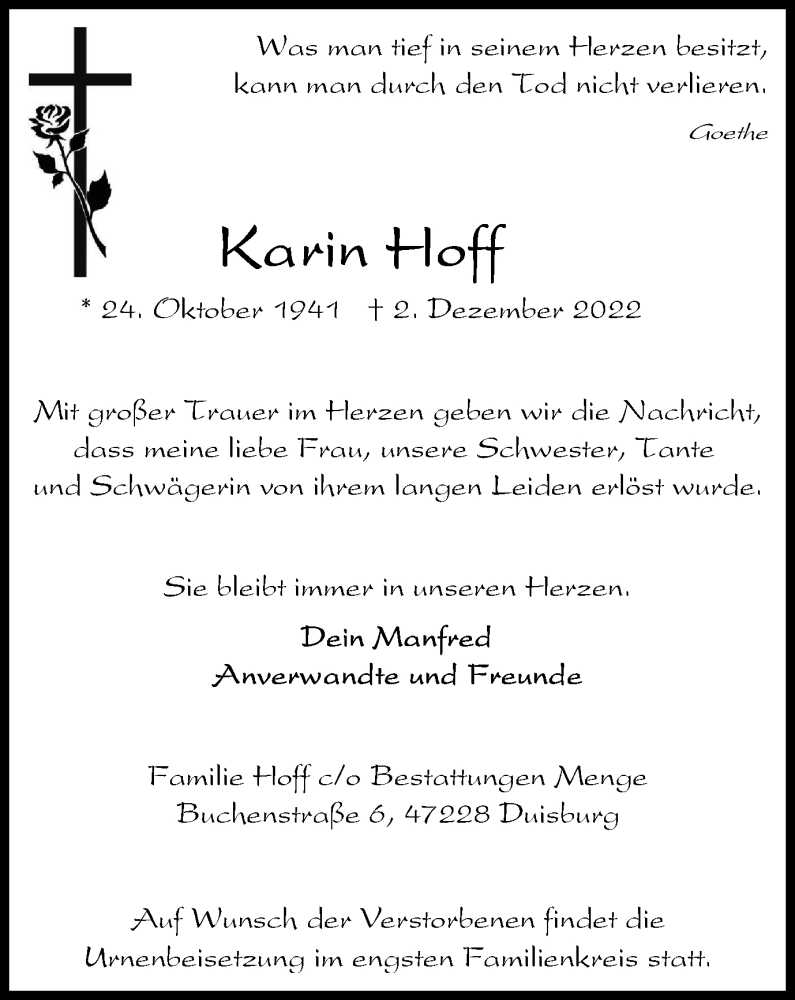  Traueranzeige für Karin Hoff vom 10.12.2022 aus Tageszeitung