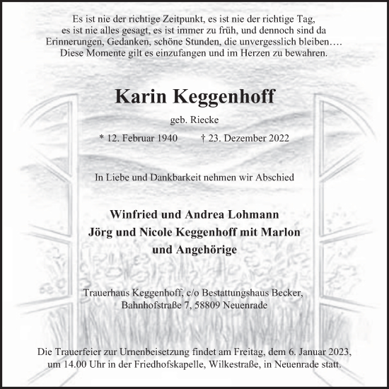 Traueranzeige von Karin Keggenhoff von Tageszeitung