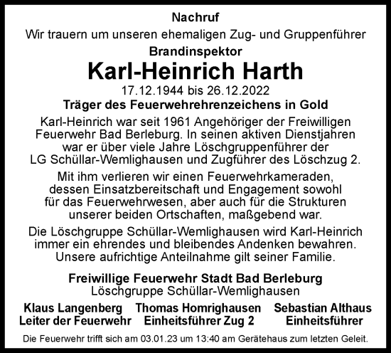 Traueranzeige von Karl-Heinrich Harth von Tageszeitung