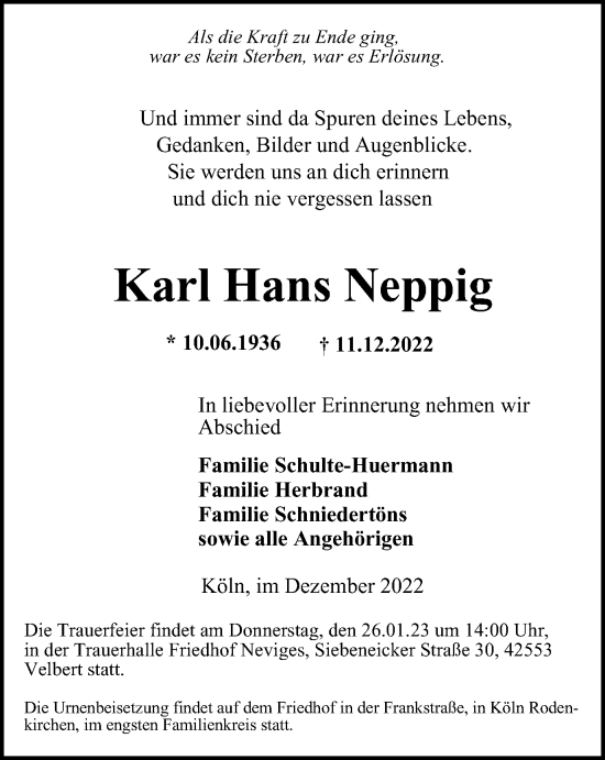 Traueranzeige von Karl Hans Neppig von WVW Anzeigenblätter